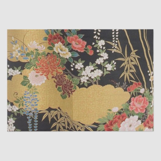 Zwart en Goud Japans Kimono Bloemen Decoupage Tissuepapier (Voorkant)
