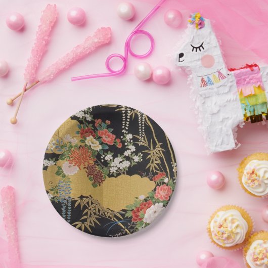 Zwart en Goud Japans Kimono Bloemen Papieren Bordje (Feest)
