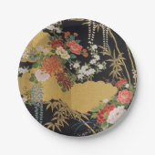 Zwart en Goud Japans Kimono Bloemen Papieren Bordje (Voorkant)