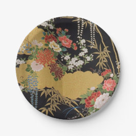 Zwart en Goud Japans Kimono Bloemen Papieren Bordje