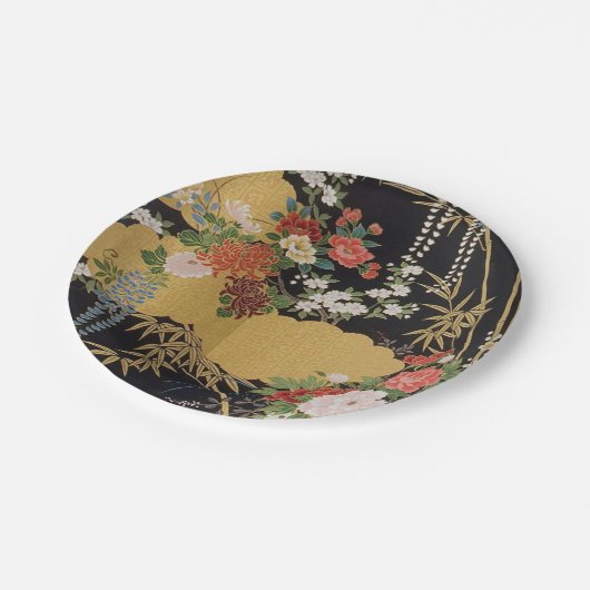 Zwart en Goud Japans Kimono Bloemen Papieren Bordje (Gekanteld)