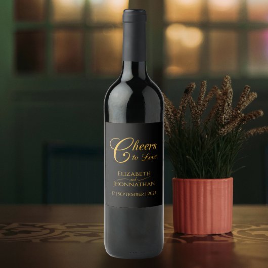 Zwart en Goud Kalligrafie Proost Namen Bruiloft Wijn Etiket