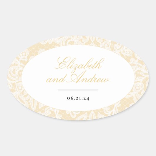 Zwart en Goud Kant Elegant Script Bruiloft Ovale Sticker (Voorkant)