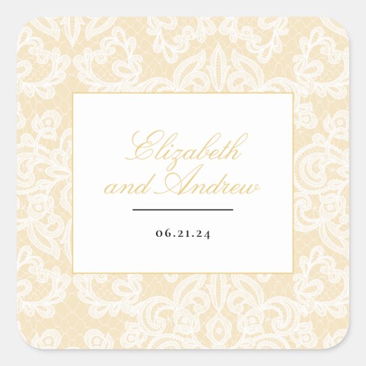 Zwart en Goud Kant Elegant Script Bruiloft Vierkante Sticker (Voorkant)