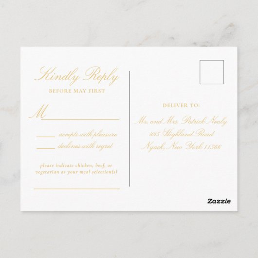 Zwart en Goud Kant Elegant Script Wedding Reply Briefkaart (Achterkant)