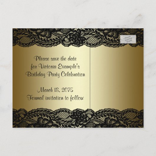 Zwart en goud kant save the date aankondigingskaart (Achterkant)