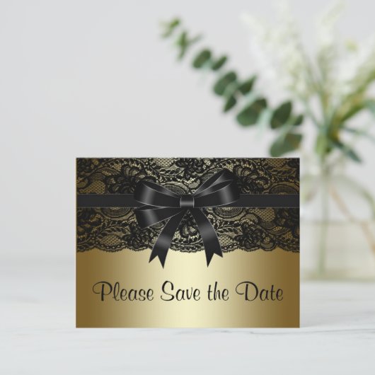 Zwart en goud kant save the date aankondigingskaart (Staand voorkant)
