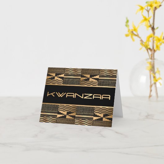 Zwart en Goud Kente Print "Happy Kwanzaa" Kaart (Gele Bloem)