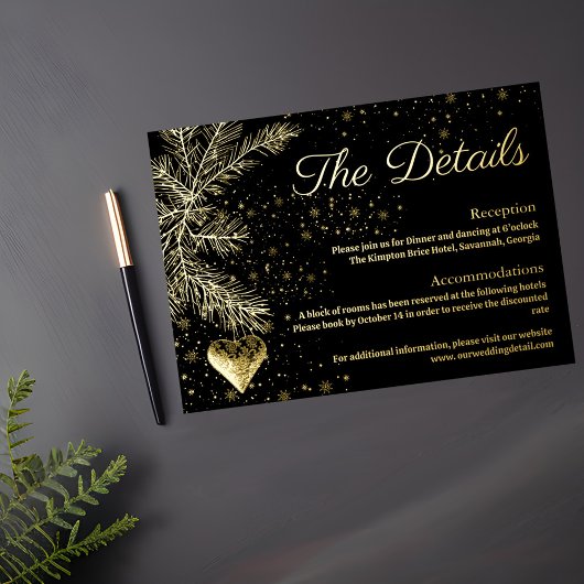 Zwart en Goud Kerst Bruiloft Details kaart