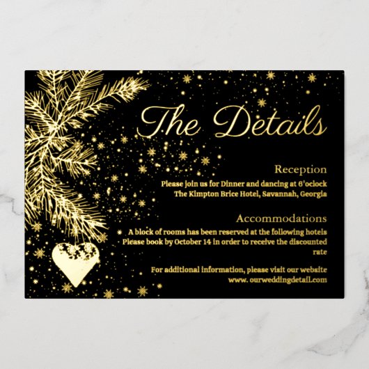 Zwart en Goud Kerst Bruiloft Details kaart (Voorkant)