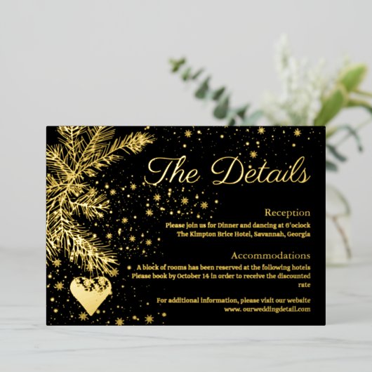 Zwart en Goud Kerst Bruiloft Details kaart (Staand Voorkant)