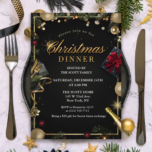 Zwart en Goud Kerst Dinner Uitnodiging ALLEEN