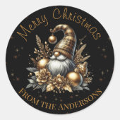 Zwart en goud kerstgnoom ronde sticker (Voorkant)