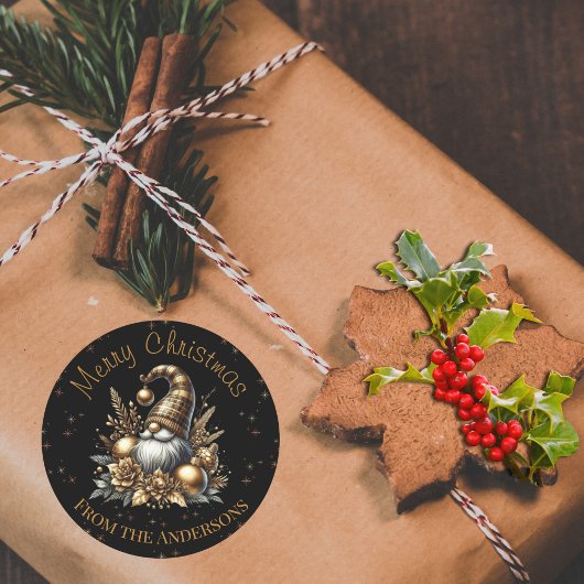 Zwart en goud kerstgnoom ronde sticker