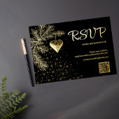 Zwart en Goud Kerstmis Bruiloft QR code RSVP Folie Feestdagenkaart