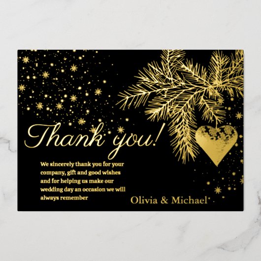 Zwart en Goud Kerstmis Winter Bruiloft Dank u Folie Feestdagenkaart (Voorkant)