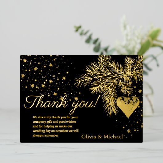 Zwart en Goud Kerstmis Winter Bruiloft Dank u Folie Feestdagenkaart (Staand Voorkant)