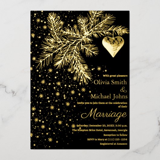 Zwart en Goud Kerstmis Winter Bruiloft Uitnodiging (Voorkant)