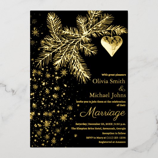 Zwart en Goud Kerstmis Winter Bruiloft Uitnodiging (Voorkant)
