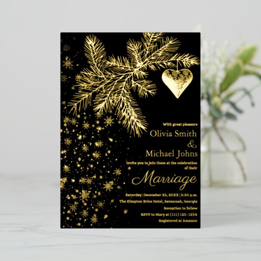 Zwart en Goud Kerstmis Winter Bruiloft Uitnodiging (Staand Voorkant)