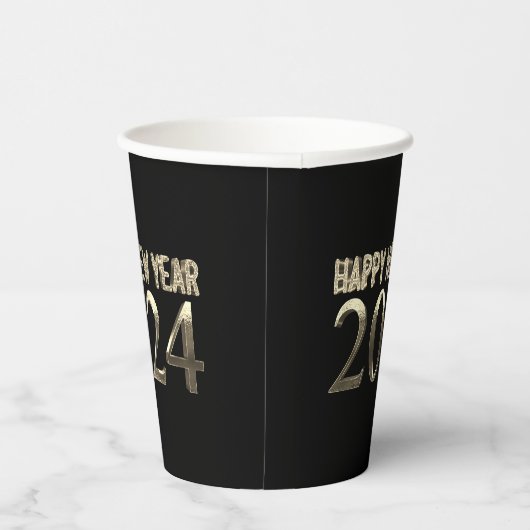 Zwart en Goud Kijk Chique Gelukkig Nieuwjaar 2024 Papieren Bekers (Rechts)