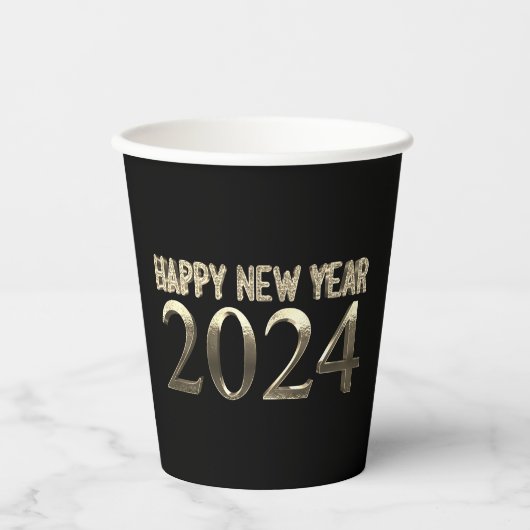 Zwart en Goud Kijk Chique Gelukkig Nieuwjaar 2024 Papieren Bekers (Voorkant)