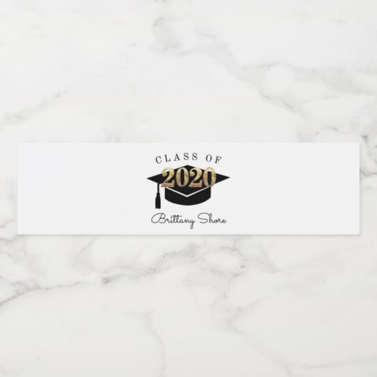Zwart en Goud Klasse van 2020 Graduation Cap Waterfles Etiket (Enkel label)