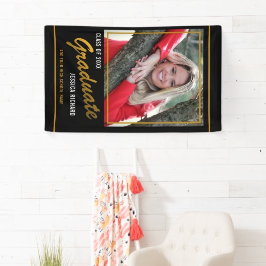 Zwart en Goud Klasse van 2021 Afstuderen Foto Spandoek (Insitu)