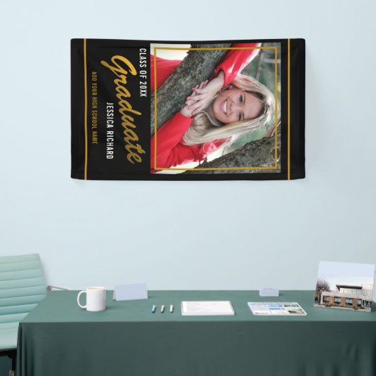 Zwart en Goud Klasse van 2021 Afstuderen Foto Spandoek (Beurs)