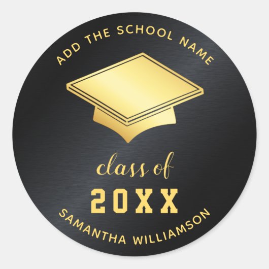 Zwart en Goud Klasse van 2025 Custom Afstuderen Ronde Sticker (Voorkant)