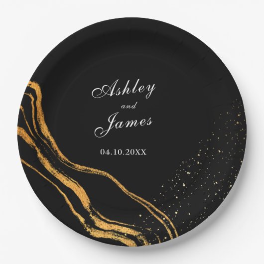Zwart en goud klassieke bruiloft papieren bordje (Voorkant)