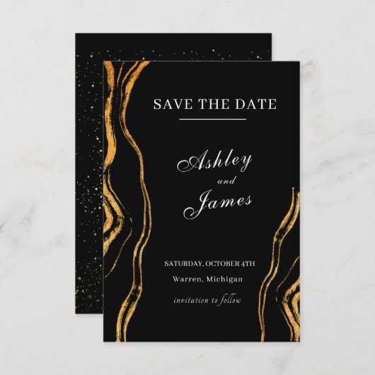 Zwart en goud klassieke bruiloft save the date (Voorkant / Achterkant)