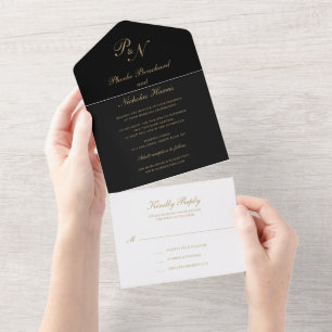 Zwart en goud klassieke elegante bruiloft all in one uitnodiging