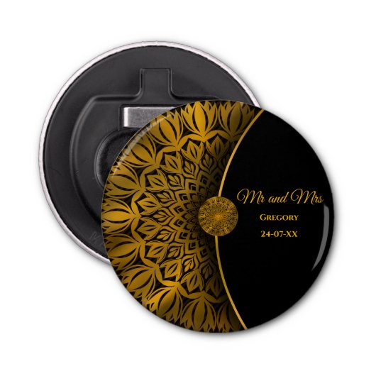 Zwart en goud klassieke traditionele luxe mandala button flesopener (Voorkant)