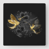 Zwart en Goud Kolibrie Vierkante Klok (Voorkant)
