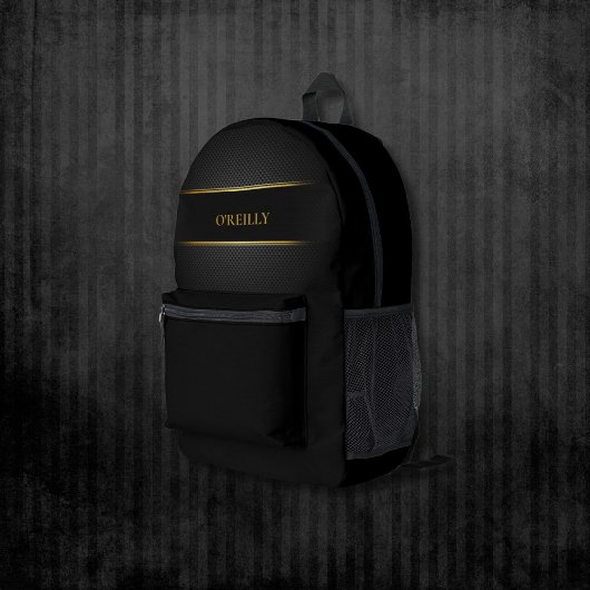 Zwart en Goud Koolstofpatroon Modern Monogram Bedrukte Rugzak