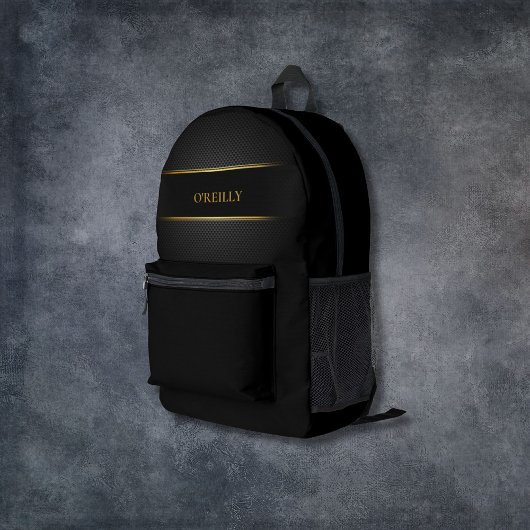 Zwart en Goud Koolstofpatroon Modern Monogram Bedrukte Rugzak