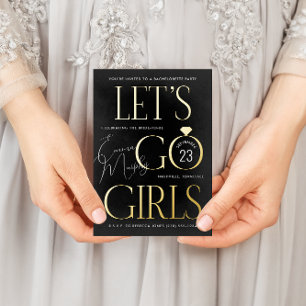 Zwart en goud laat meisjes vrijgezellenfeest gaan folie uitnodiging briefkaart