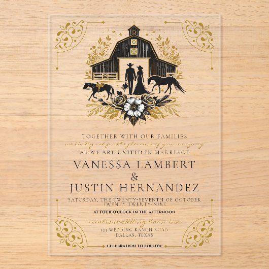 Zwart en Goud Land Bruiloft Acryl Uitnodigingen (Voorkant)