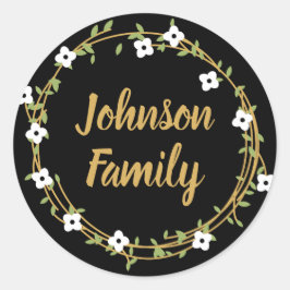 Zwart en Goud Laurel Wreath Gepersonaliseerd Stick Ronde Sticker