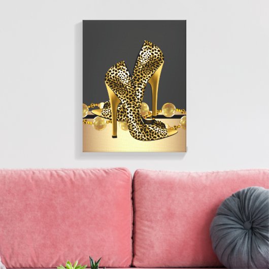 Zwart en Goud Leopard High Heel Shoes Boutique Canvas Afdruk (Insitu (Woonkamer))