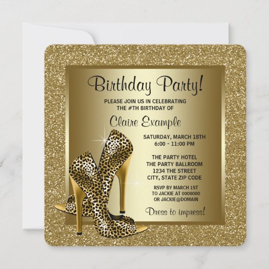 Zwart en goud Leopard High Heel Verjaardagsfeestje Kaart (Voorkant)