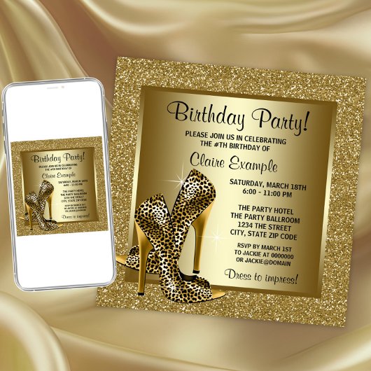 Zwart en goud Leopard High Heel Verjaardagsfeestje Kaart