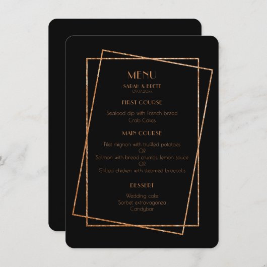 Zwart en goud lijst art deco bruiloft menu kaart (Voorkant / Achterkant)