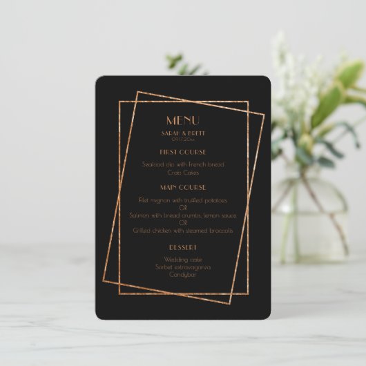 Zwart en goud lijst art deco bruiloft menu kaart (Staand voorkant)