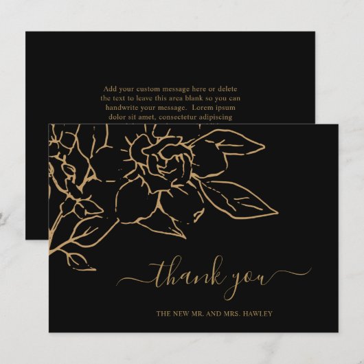 Zwart en Goud Line Art Floral Elegant Huwelijk Bedankkaart (Voorkant / Achterkant)