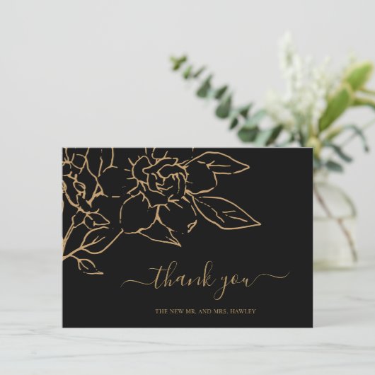 Zwart en Goud Line Art Floral Elegant Huwelijk Bedankkaart (Staand voorkant)