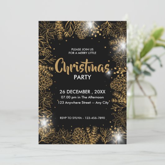 Zwart en goud loof vrolijk kerstfeest kaart (Staand voorkant)