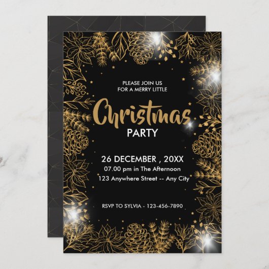 Zwart en goud loof vrolijk kerstfeest kaart (Voorkant / Achterkant)