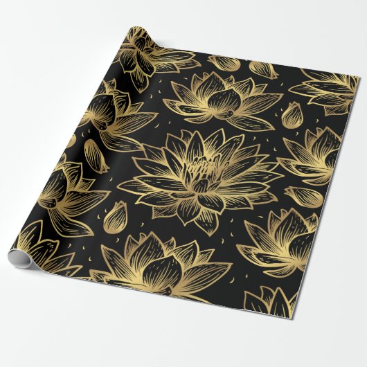 Zwart en goud Lotus Wrapping Paper Cadeaupapier (Uitgerold)